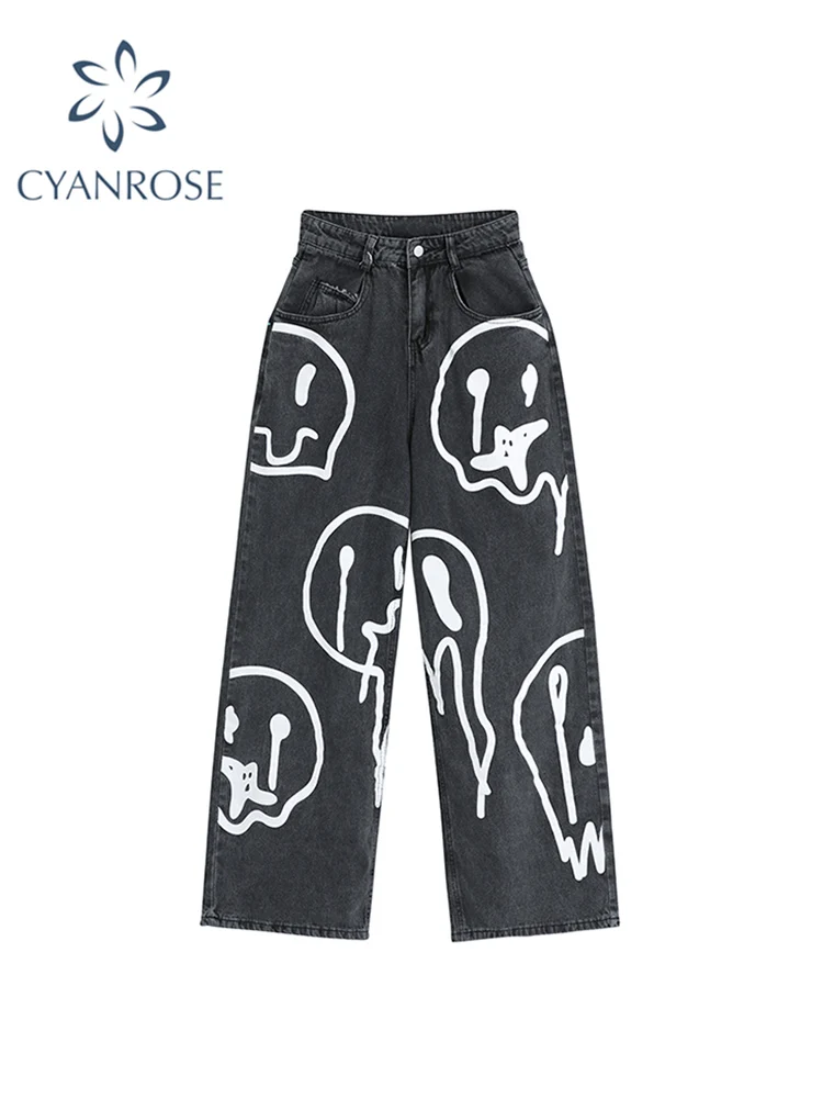 2022 New Spring Fashion Ins Street Hip-hop Printing Wash Jeans Loose Casual Denim Wide Leg Pants Tide Woman Long Trousers 1