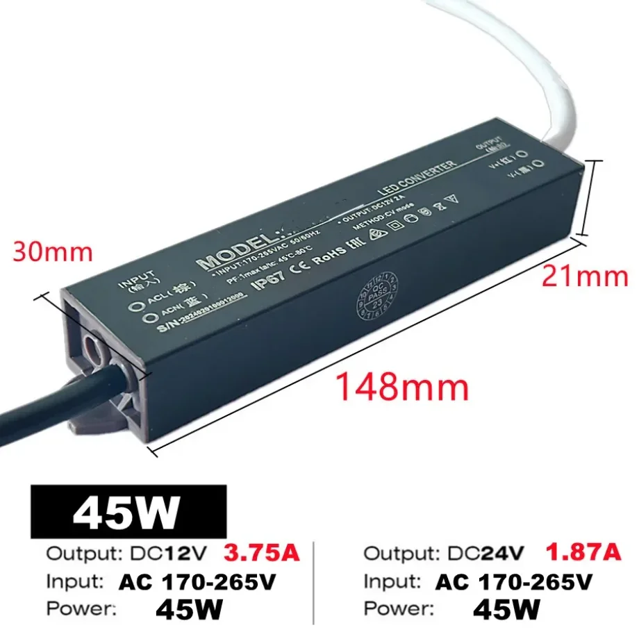 Waterproof Dimmable Switching Power Supply for Home Lighting and Light Strips, 15W-500W, 220V to 12V/24V