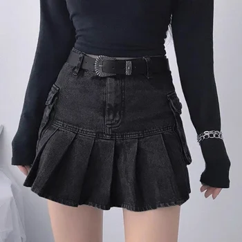 DEEPTOWN Vintage Denim Skirt Women Streetwear High Waist A-line Pockets Gothic Black Jeans Pleated Skirt Autumn Winter Fashion