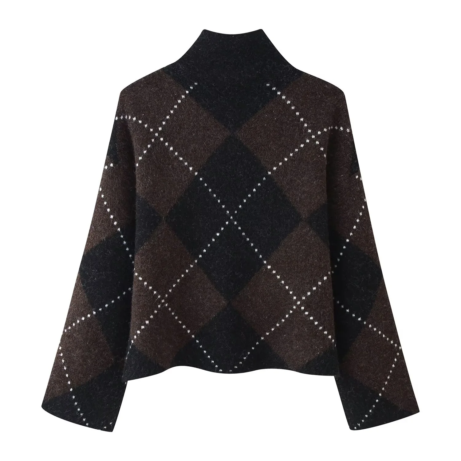 Women Retro Diamond Patterned Knitt Skirt Set Or Female High Necked Long Sleeved Pullover Sweater Or Lady Mini Skirt Streetwear