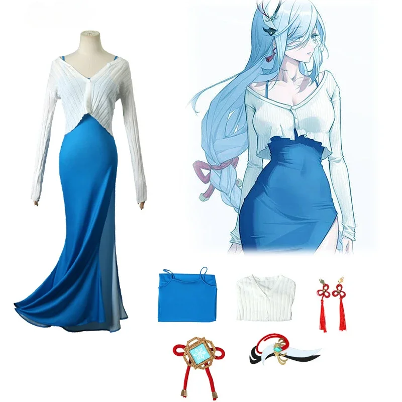 

Game Genshin Impact Shenhe Cosplay Costume Suits Anime Outfits Women's dress blue casual