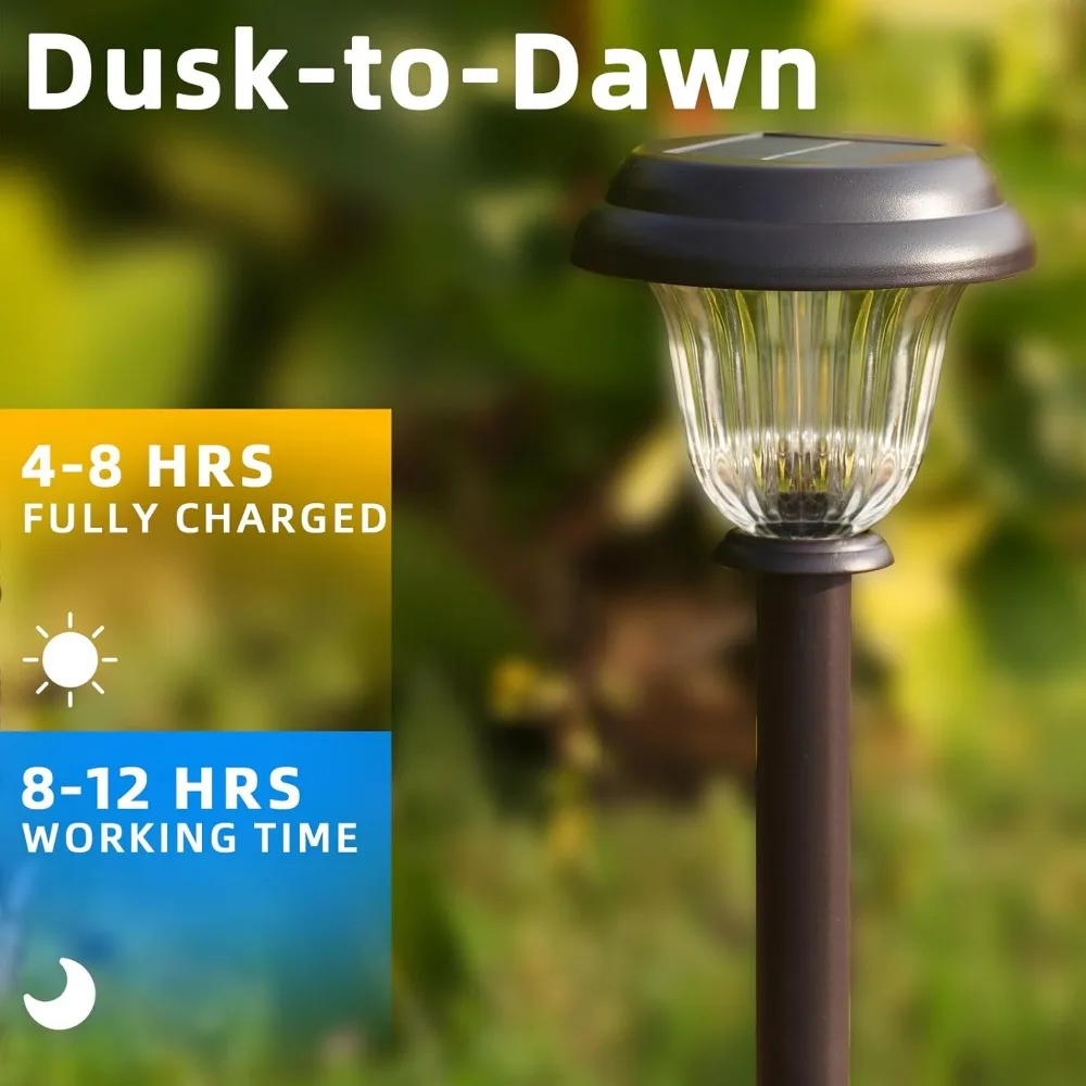 Solar Lights Outdoor 6 Pack, Stainless Steel Glass Solar Pathway Lights, Auto On/Off Long-Lasting IP65 Waterproof 6