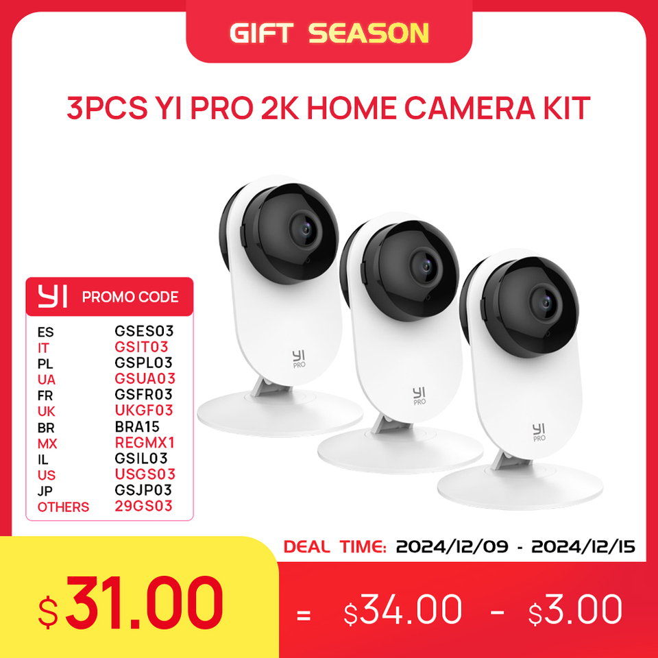 YI Pro 3pc Kits 2K Home Camera Wi-Fi IP Security Surveillance Smart System with Night Vision Baby Monitor on iOS, Android App