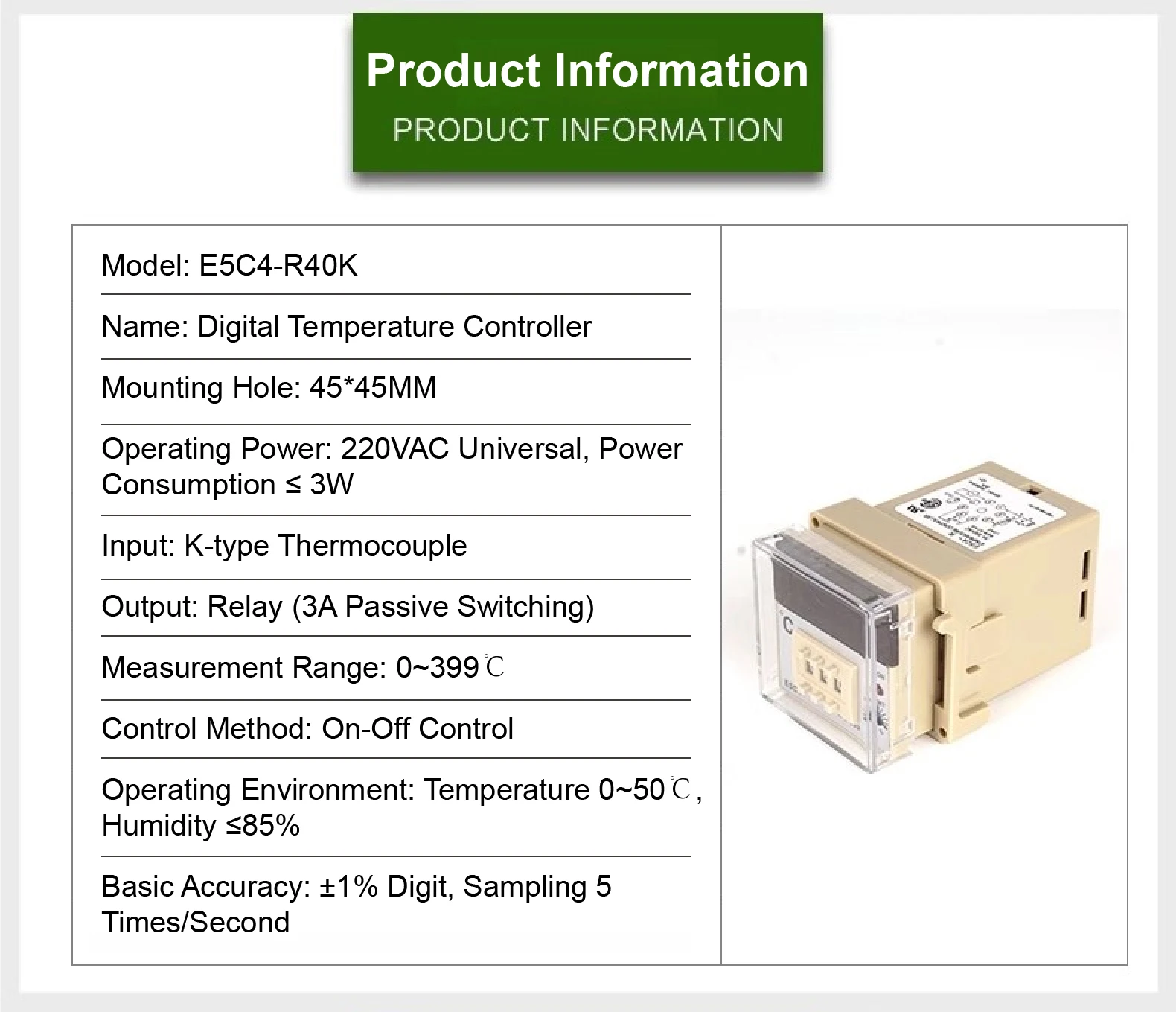 E5C4-R40K Temperature Controller Digital Thermostat 220VAC Relay Output K Type T
