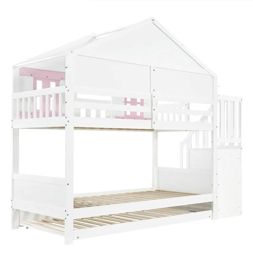 Modernes Kinder-Etagenbett mit Ausziehbarem Zusatzbett, Hängender Aufbewahrung, Niedlichem Fenster- & Dachdesign, Stabilem Lattenrost, 90x200cm – Detail 20
