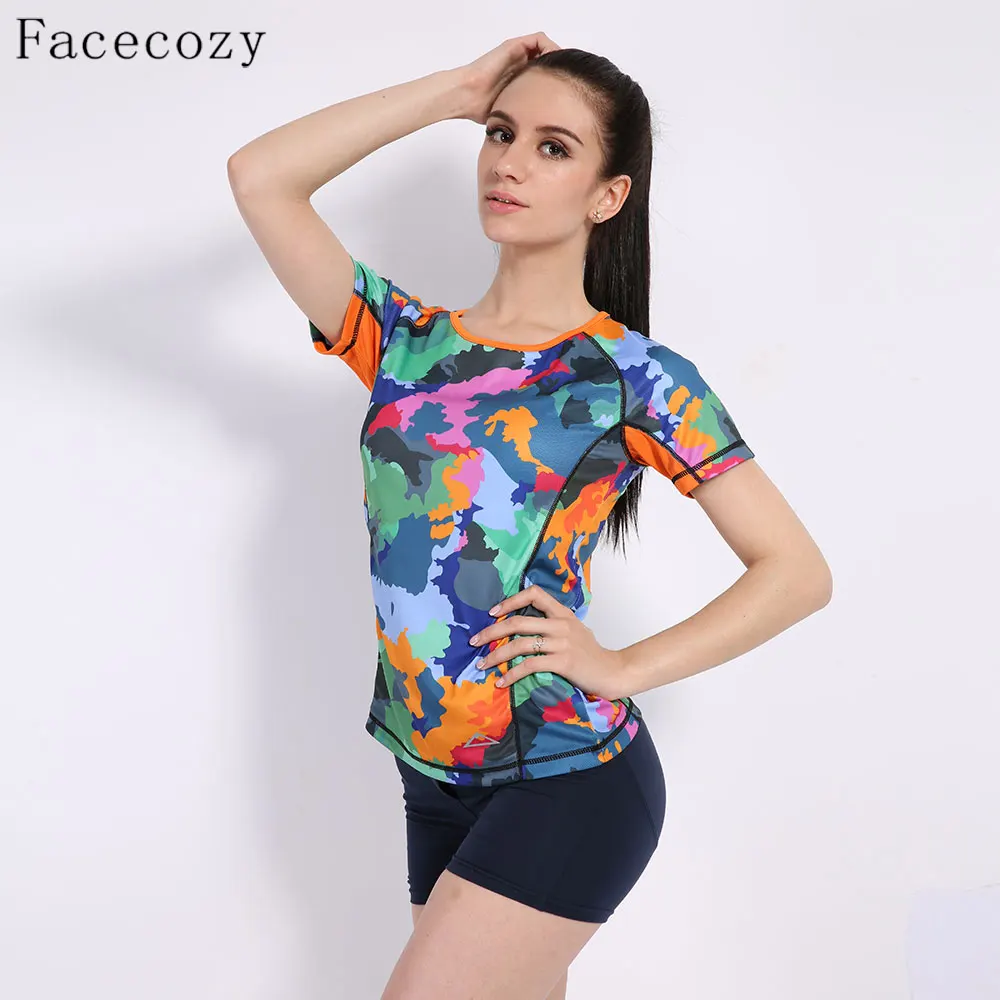 Facecozy Women Summer Pure Polyester Camouflage T-Shirt O-Neck Thin Quick Dry Tops Outdoor Tee Hiking Adventure Sports T Shirts