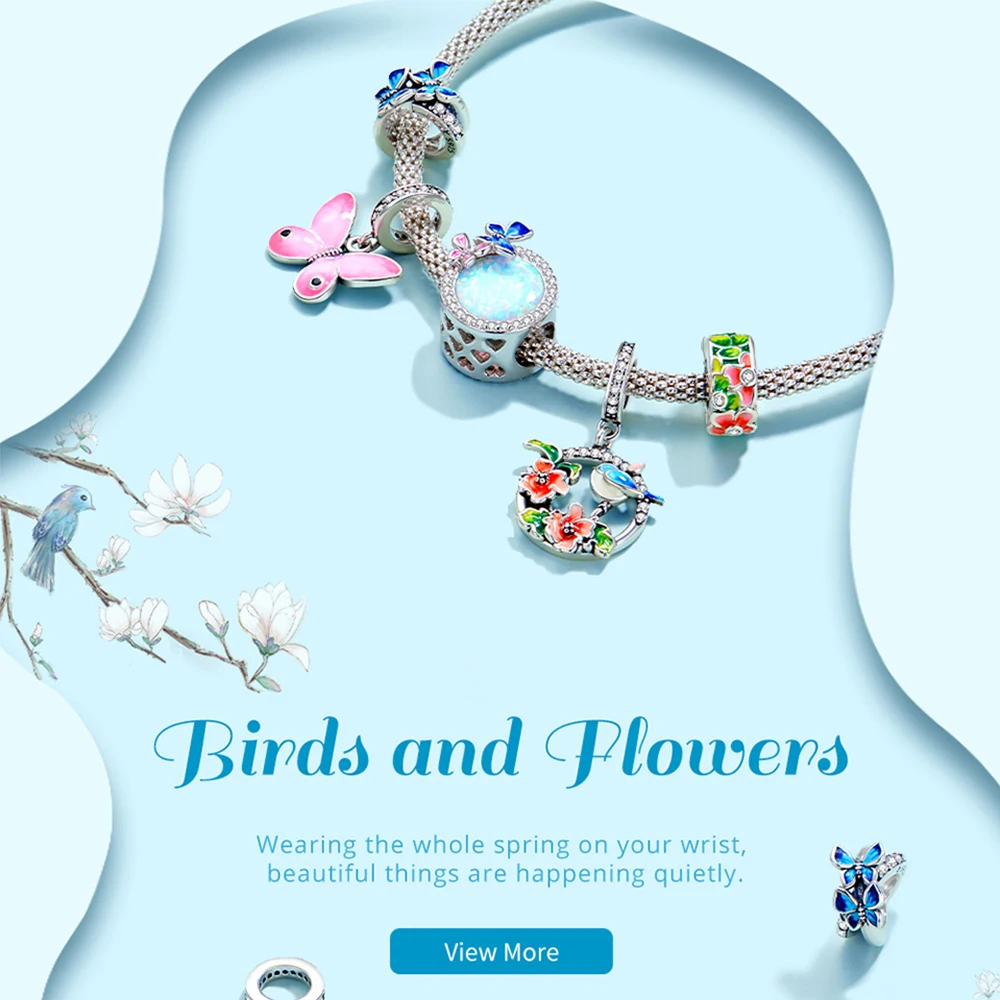 Silver pendant 925 Sterling Silver Colorful Birds Flowers Leaves CZ Pendant Spring Charm fit Original Bracelet Jewelry Accessories DIY