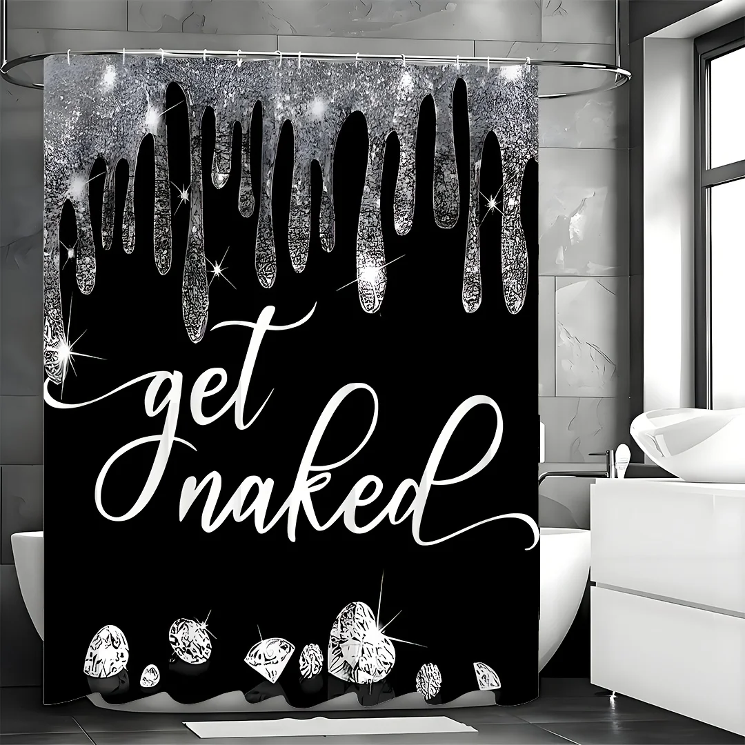 احصل على مجموعة حمام عارية مكونة من 1/4 قطع، ستارة حمام سوداء مع تنقيط لامع وألماس لامع