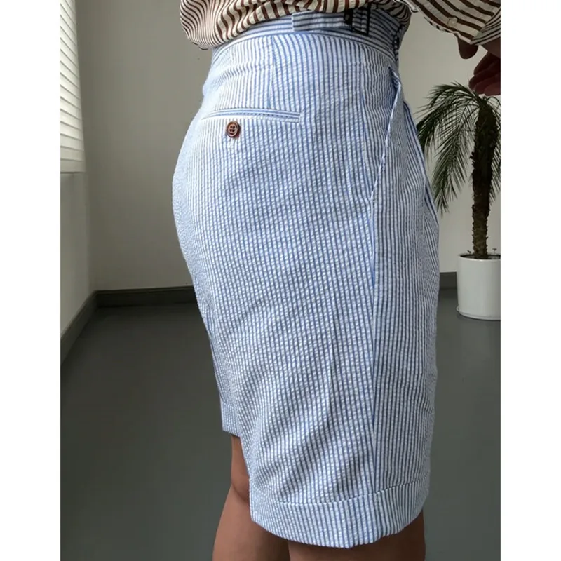 Summer Men British Straight Naples Men Ropa Hombre Short Pant Striped Seersucker Casual Shorts Men Suit Short Pantalones Homme 5