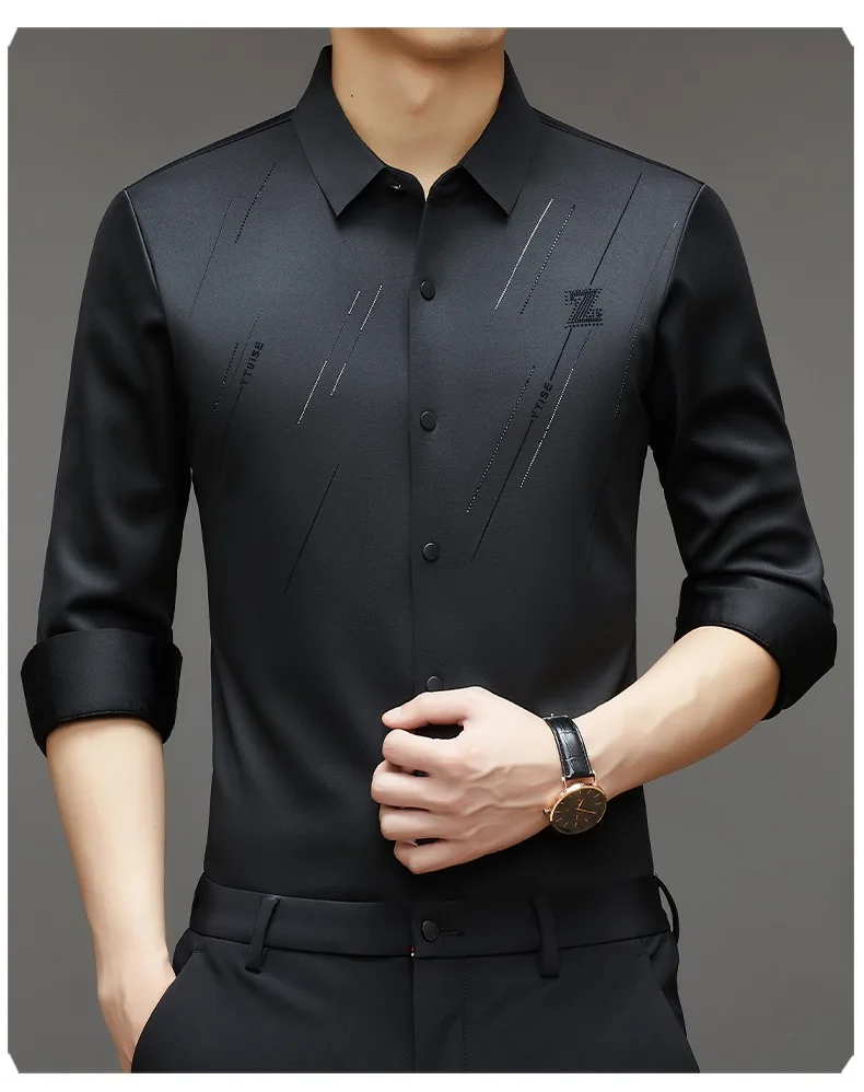 Description Picture 6 of itemFashion Men Business Social bright Smooth Shirt Spring Autumn business Long Sleeve Male Clothes thickened Lapel Casual Shirt Men