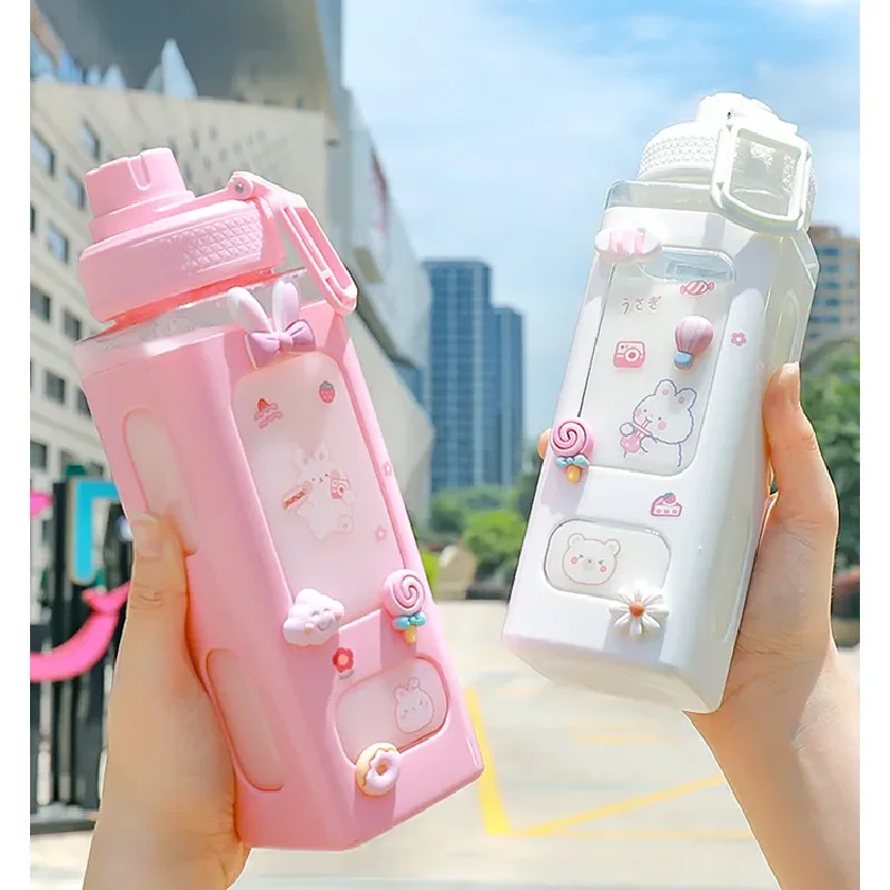 

700ml Cute Water Bottle for Girls with Lid Straw Sticker Plastic Juice Milk Portable Kawaii Tumbler Drinkware