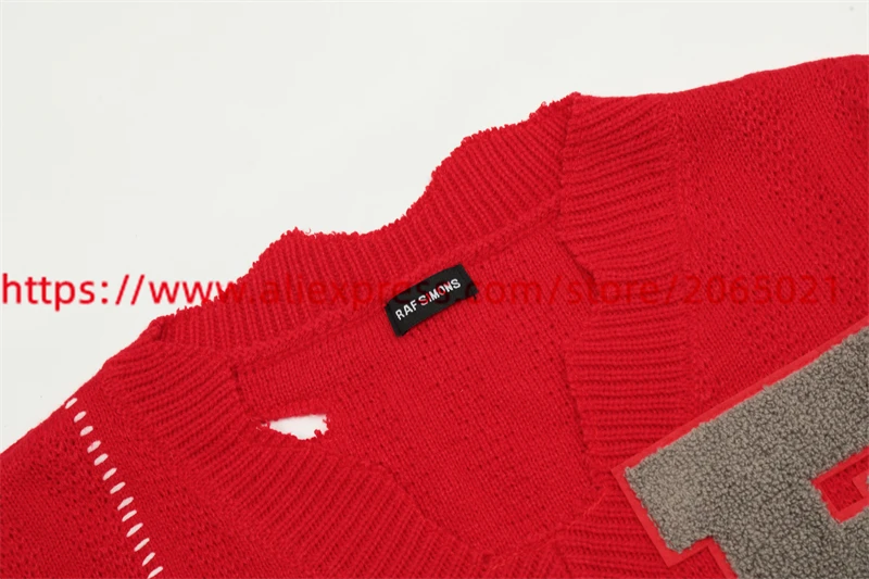 RAF SIMONS Vintage Badge Damaged Irregular Loose Red Sweater Knit Men Women Top Quality Casual Sweatshirts