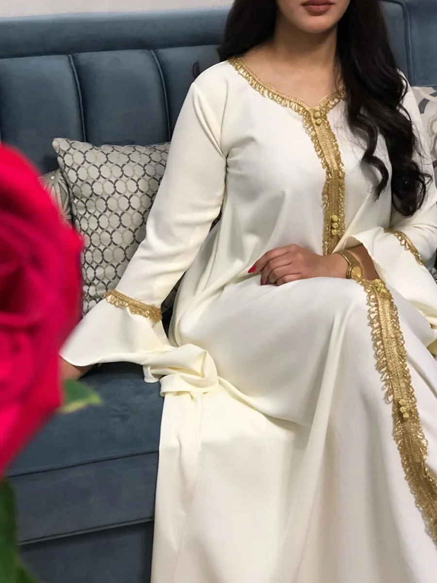 Eid Mubarak Kaftan Dubai Abaya Turkey Muslim Ruffle Sleeve V Neck Gold Tape Long Dress Women