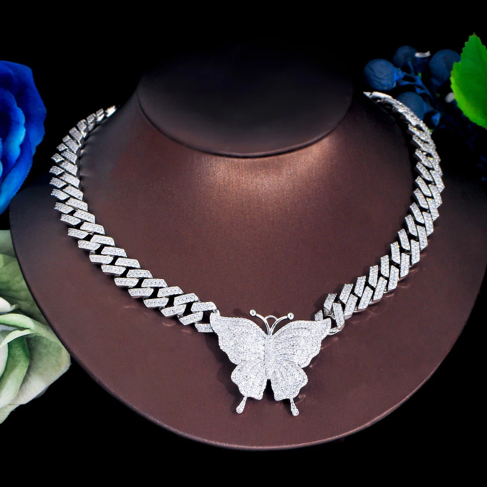 

ThreeGraces Luxury Iced Out Full Zircon Silver Color Big Butterfly Cuban Link Chain Necklace for Women Hip Hop Y2K Jewelry PN127