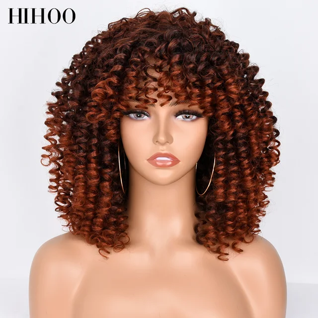 Afro Kinky Curly Wig With Bangs Short Synthetic Wigs For Black Women Omber Brown Blonde Glueless Cosplay Hair High Temperature 1b-350r