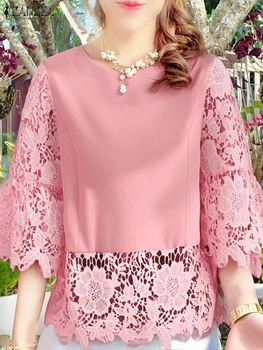 Elegant Lace Crochet Blouse ZANZEA Summer Bohemain Holiday Shirt Women Stylish 3/4 Sleeve Hollow Out Tunic Tops Patchwork Blusas