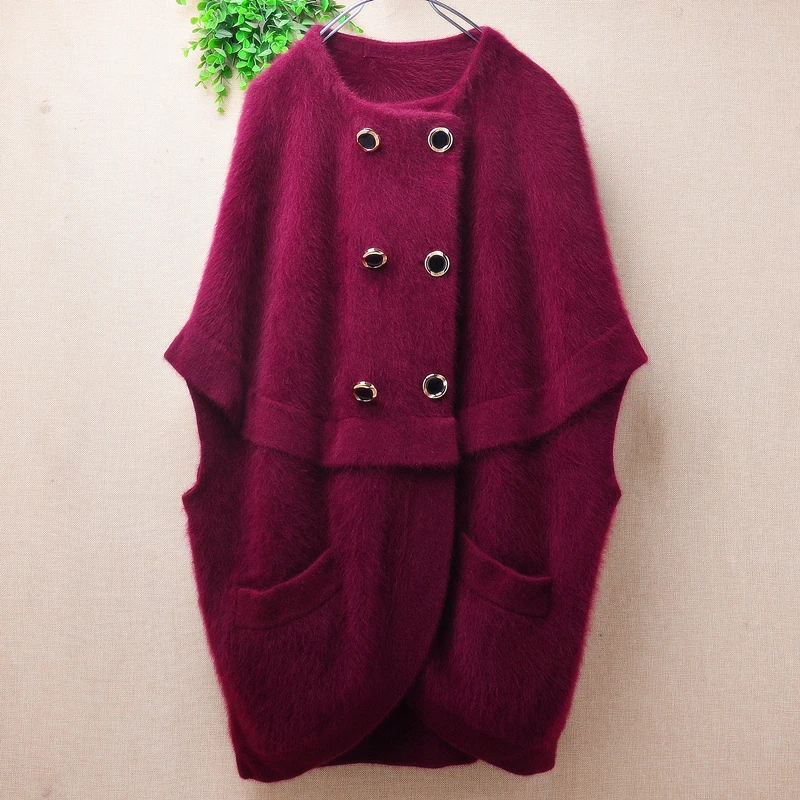 

04 Женская осенне-зимняя одежда винная пушистая Ангорская шерстяная вязаная Свободная кофта без рукавов из кроличьего меха жилет куртка свитер пальто