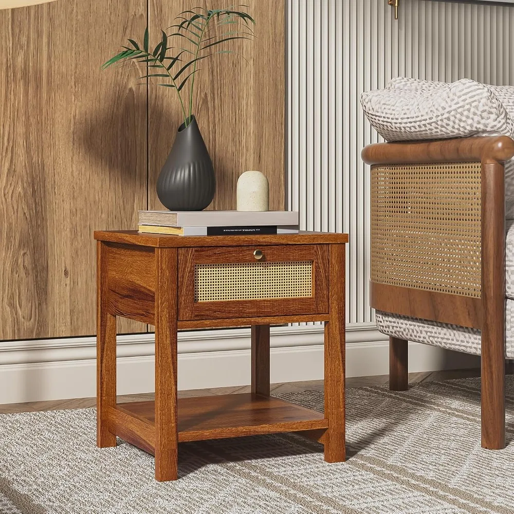 Nightstands Set , End Tables with Rattan Decor Drawers, Bedside Tables in Boho Style, Side Tables with Storage Shelf 5