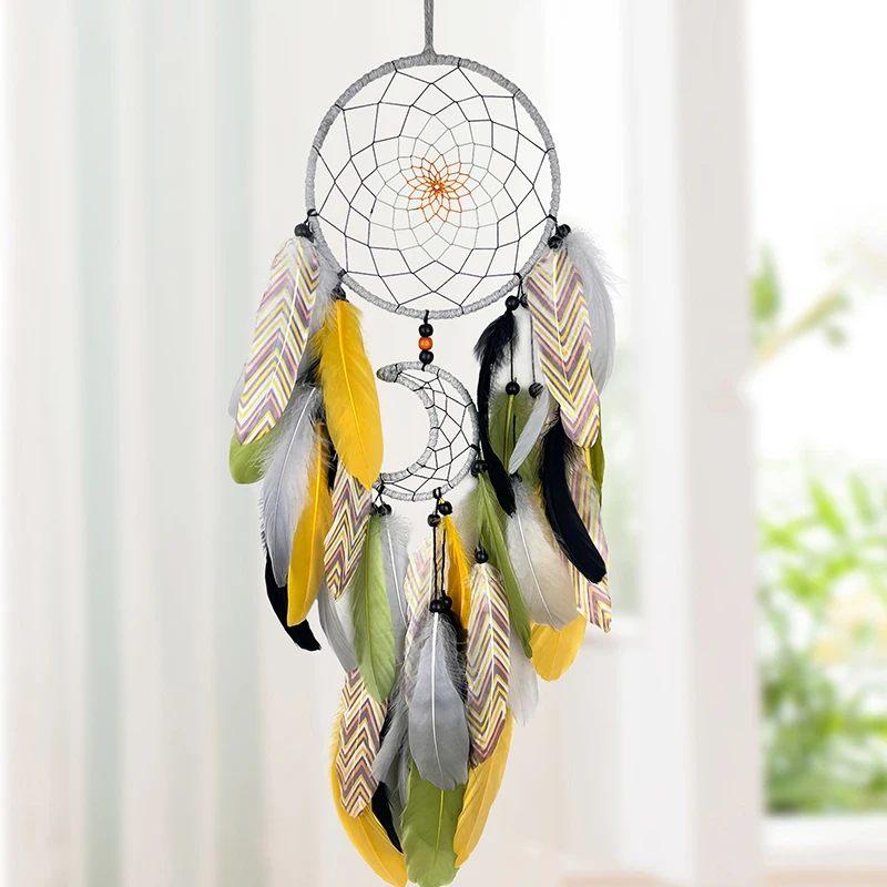 Acchiappasogni Fatto A Mano Con Piume E Perline | Lungo 65 Cm | Decorazione Da Parete In Macramè | Portafortuna Per Camera Da Letto E Camera Bambini | Regalo Artigianale - 2