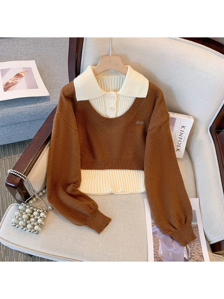 

Женский трикотажный пуловер кофейного цвета, винтажный свитер в стиле Харадзюку 90-х, с длинным рукавом, форма, джемпер, свитер в Корейском стиле, Y2k, 2000s, трикотажная одежда