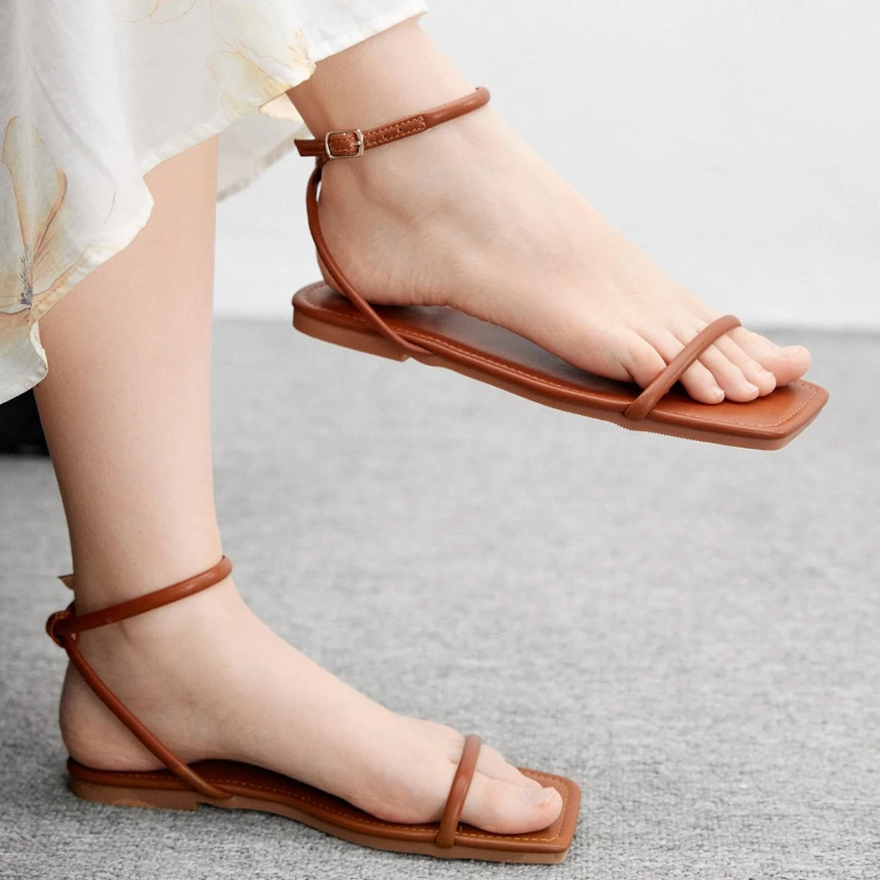 Fashion Gold Narrow Band Flat Sandals Women Comfort Ankle Buckle