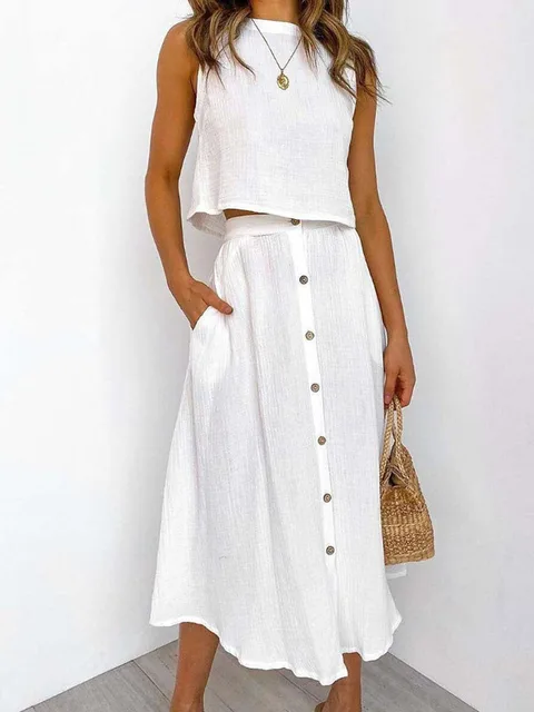 Linen Two Piece Woman Skirt Set | Linen Two Piece Skirt Top - Elegant Solid Two  Piece - Aliexpress