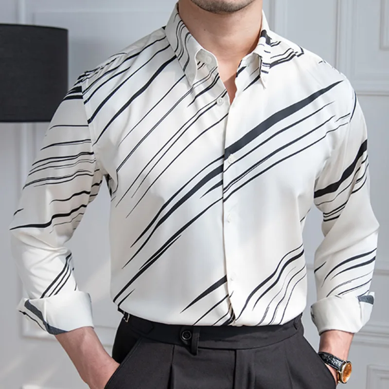 

Spring British Style Top Quality Streetwear Mens Black White Contrast Stripes Shirt Men Slim Dress Shirt Social Camisa Masculina