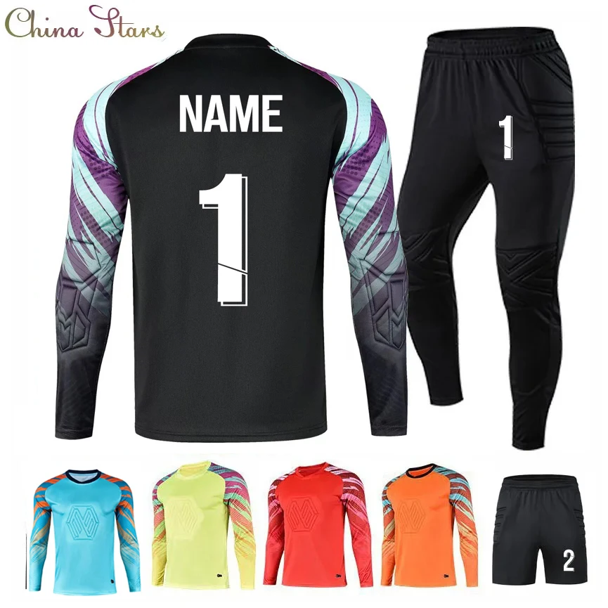 Soccer Jersey Men Kid Soccer Goalkeeper Uniform Protective Sponge Long Sleeve Football Training Goalkeeper Top Pants Custom