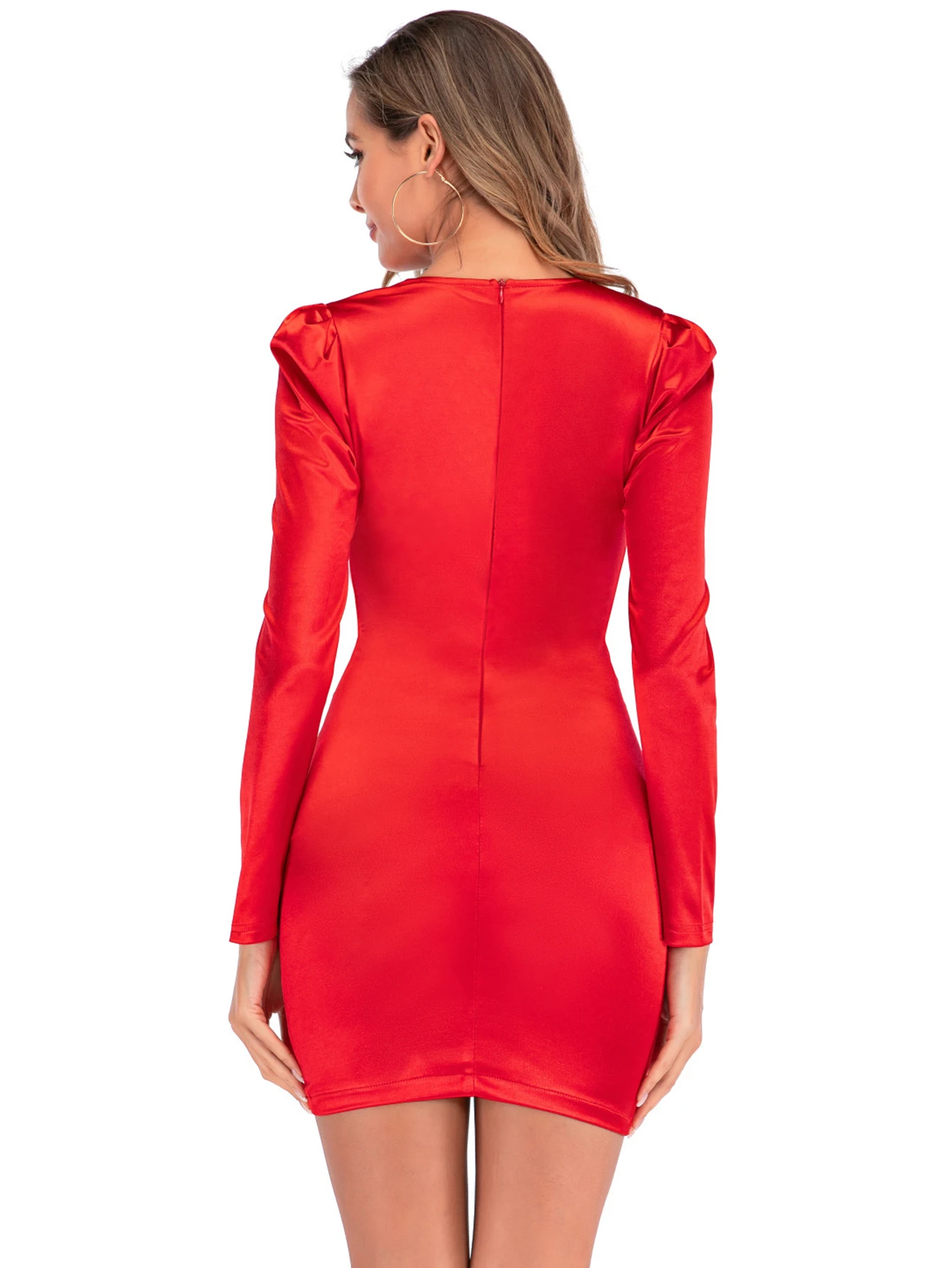 Sexy cetim vermelho puff manga longa bodycon vestido feminino