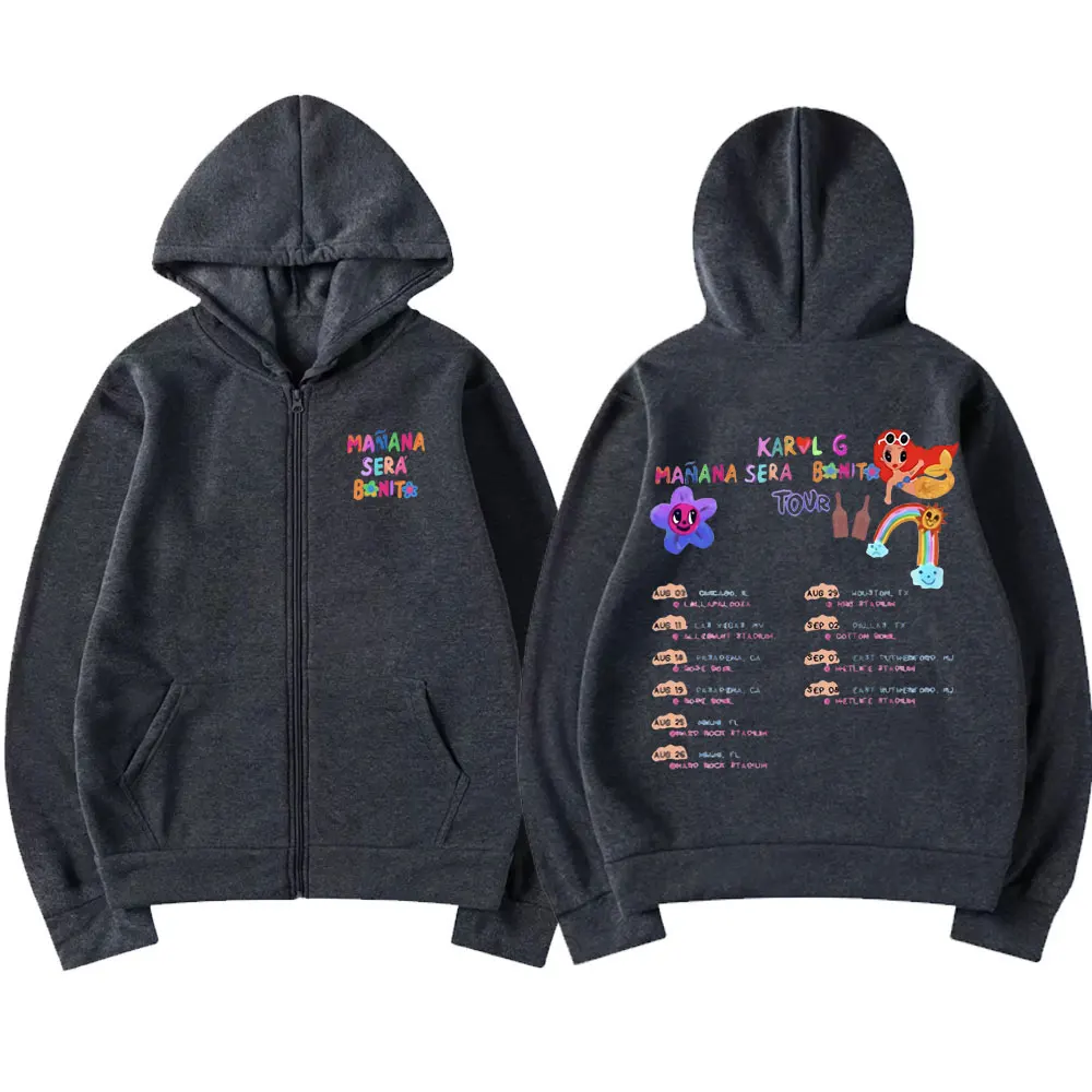 Singer Karol G Heart Mañana Sera Bonito Tour Zipper Hoodie Men Women Hip Hop Cartoon Oversized Sweatshirt Unisex Zip Up Jacket