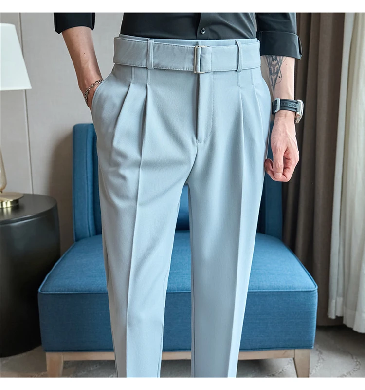 Description Picture 3 of itemNew Retro Belt Design Suit Pants Men's High Quality Solid Color Business Casual Formal Pants Party Wedding Trousers Men Clothing
