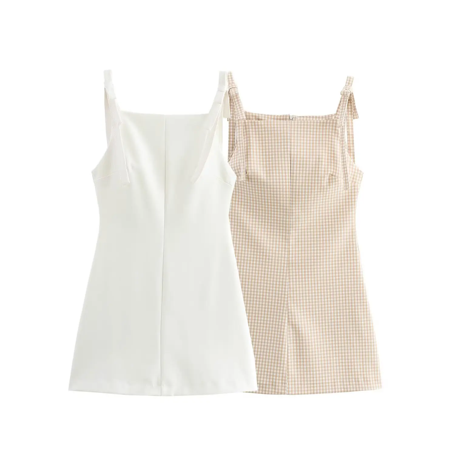 TRAFZA Woman Bow Strap Decoration Square Collar Sleeveless Back Zipper Sling Dresses Summer 2025 Female High Street Mini Dress image