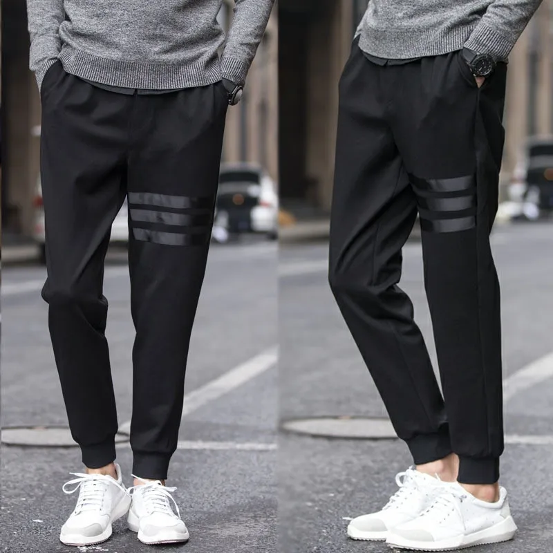 Korean Harlan Trousers Spring Autumn New Men's Solid Color Spliced Elastic Drawstring Pockets Fashion Young Style Slim Pants