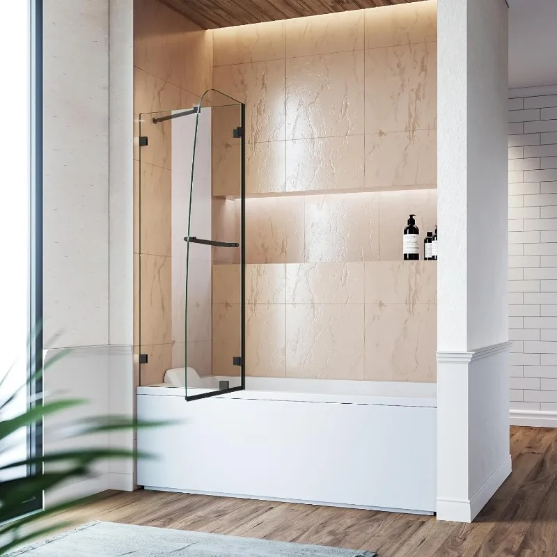 SUNNY SHOWER Frameless Shower Door for Bathtub,Hinged Tub Screen,Tempered Glass Tub Door,48" W x 58" H,Black Finish 2
