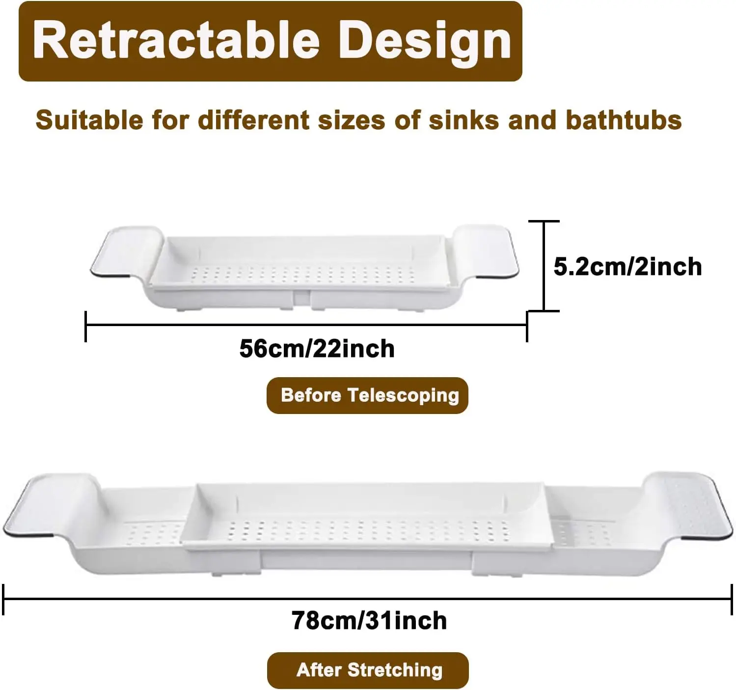 Expandable Drain Bath Shelf Caddy Tray, Multifunctional Plastic Bathtub Tray Bathroom Organizer Storage Rack for Book, Shower