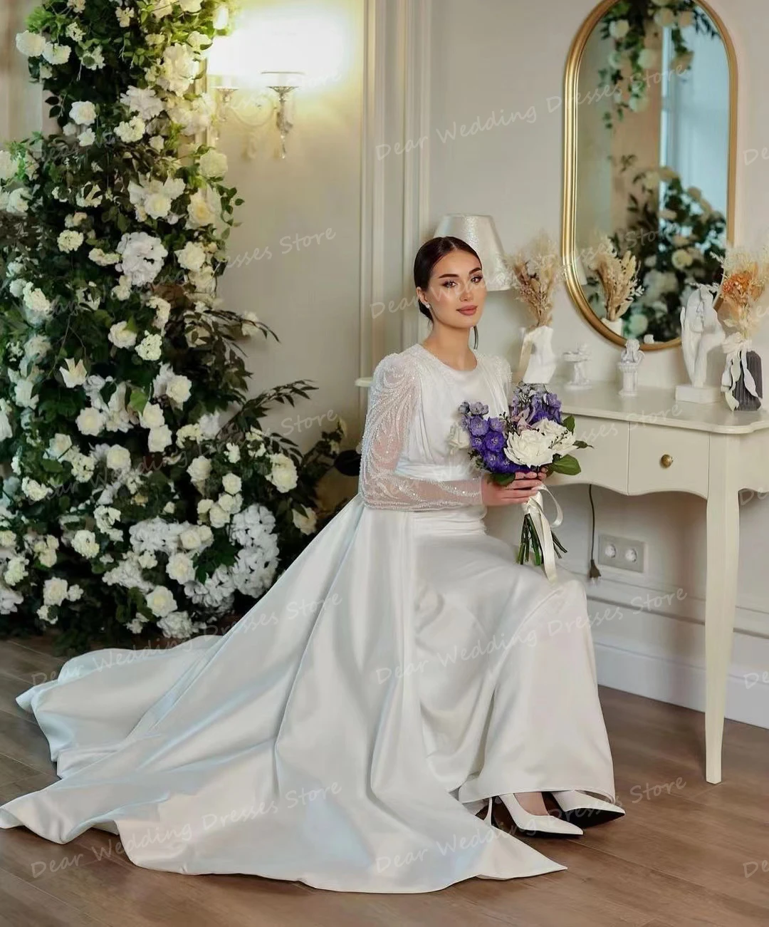 Luxury Satin Wedding Dresses Women's Mermaid Sexy Glitter Formal Long Sleeve Muslim Bridal Gowns Vestidos De Novia Customized 2