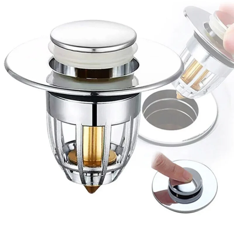 Universal Pop Up Drain Plug Anti-Clogging Hair Catcher Chrome Bathroom Sink Filter Stopper Push Type Bounce Core Basin Strainer