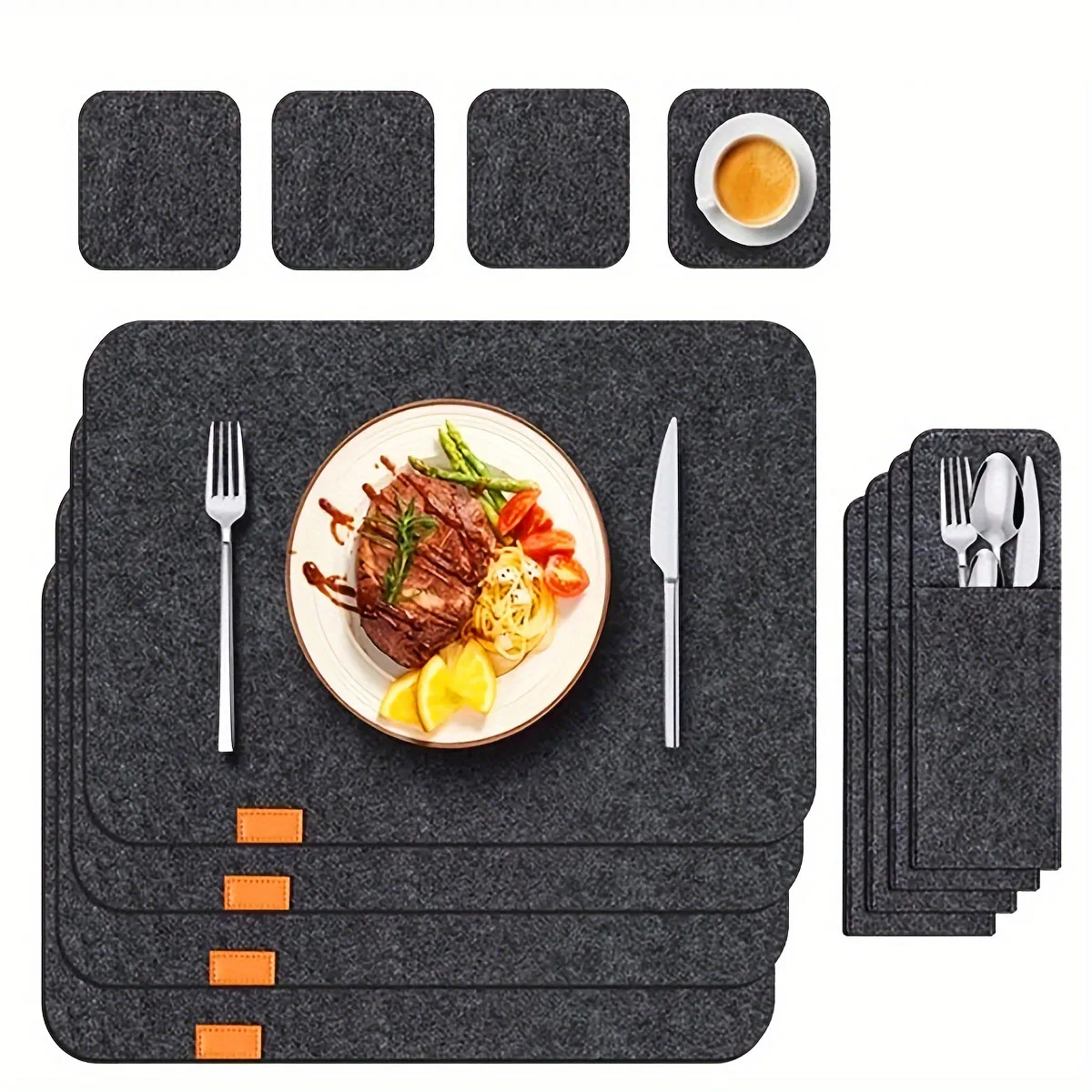 Deluxe Washable Dining Set: 4-Piece Placemats, Coasters, and Utensil Holders