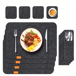 Deluxe Washable Dining Set: 4 - Piece Placemats, Coasters, and Utensil Holders - Rectangular (Black)