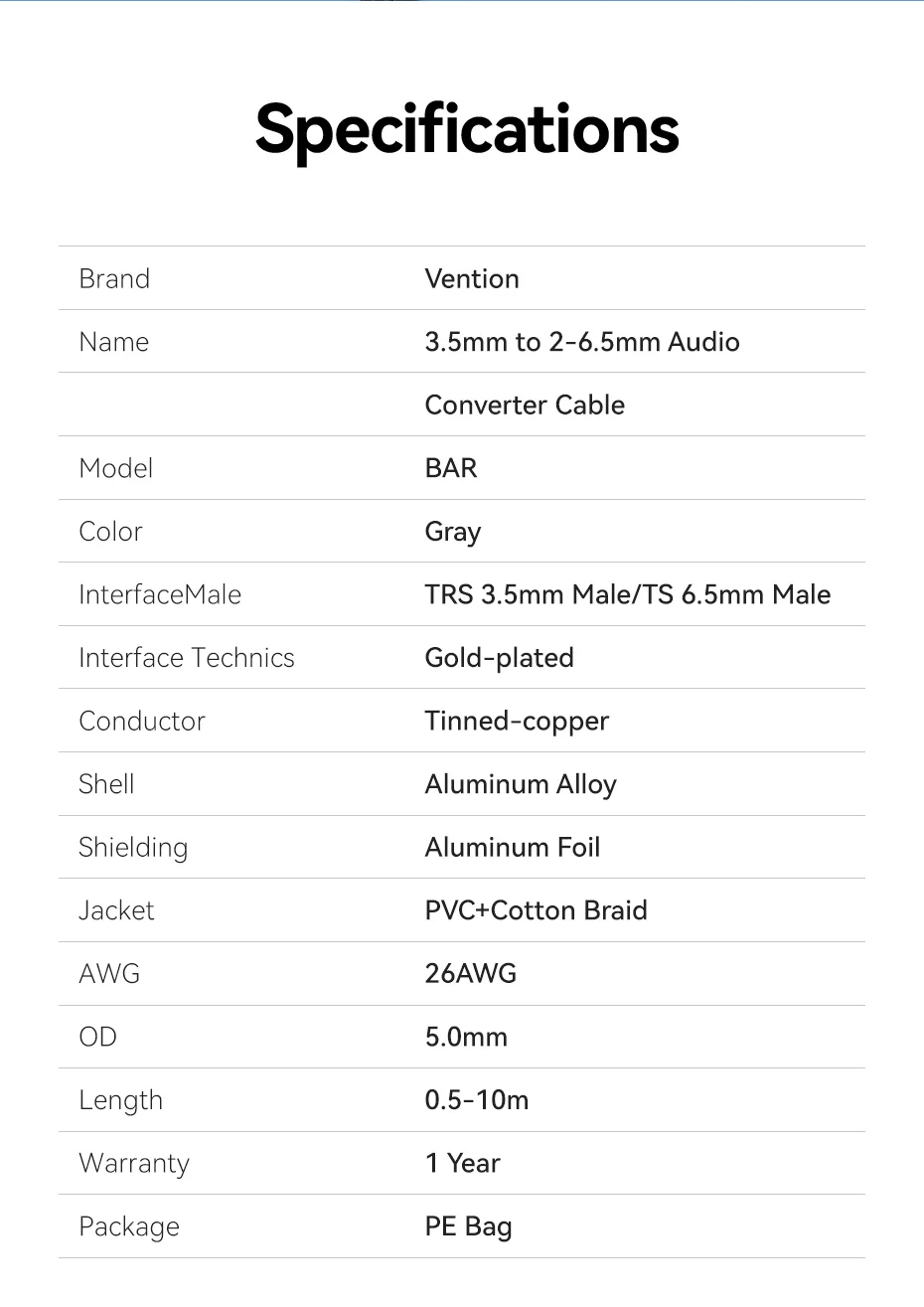 3.5mm to Double 6.5mm TRS Cable AUX Adapter Audio Cable 6.5 Jack to Stereo 3.5 J