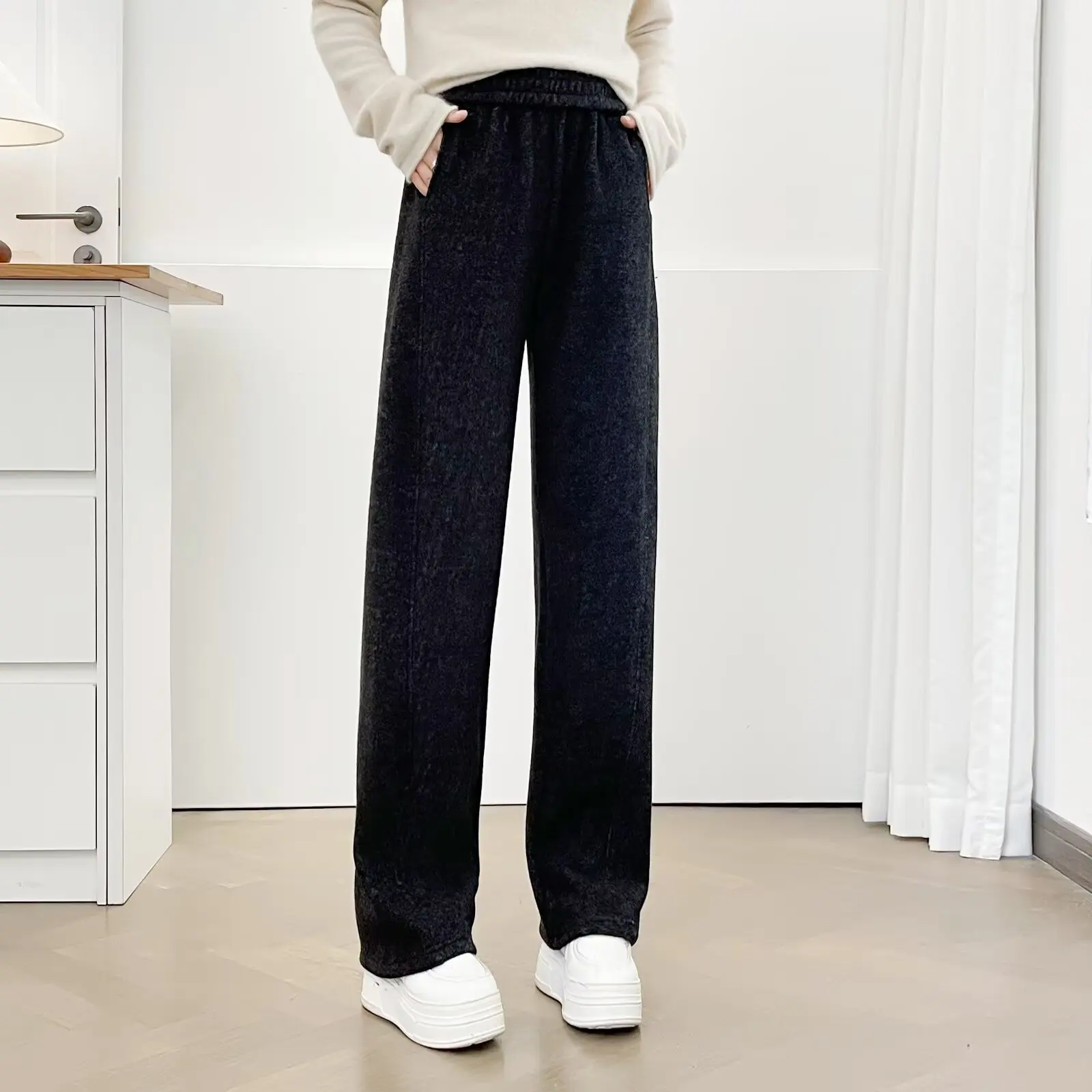 XXXXL Fashion Plus Size Women's Straight Leg Pants New Simple Fleece And Thickened Stretched Winter 2025 Casual Trousers 2579