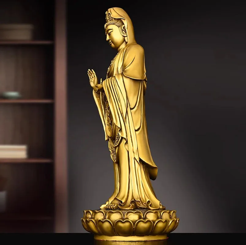 Buddhist Statue Brass Guanyin South Sea Goddess of Mercy Copper Sculpture, Lotus Base Meditation Figure for Prayer Room Decor