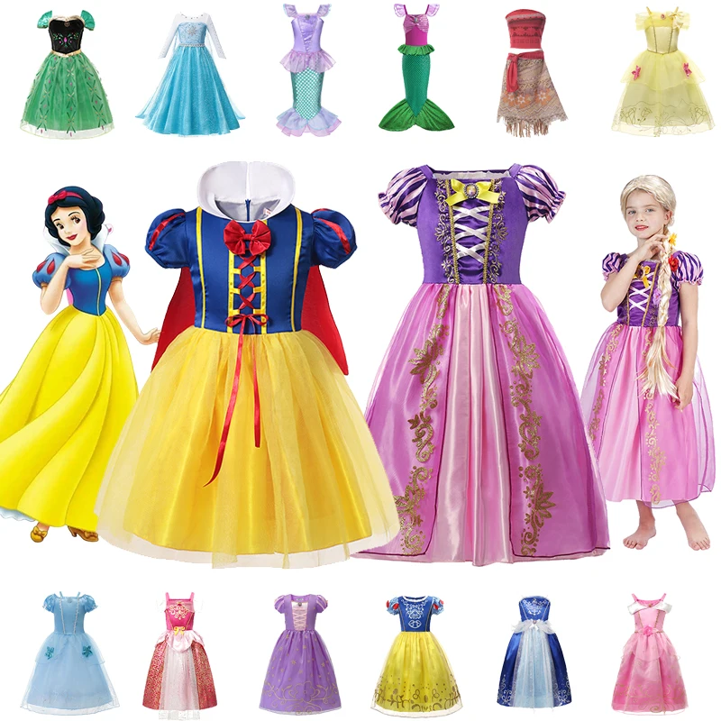 

2024 Disney Girls Princess Dress Cinderella Snow White Aurora Sofia Rapunzel Halloween Costume Children Birthday Party Clothings