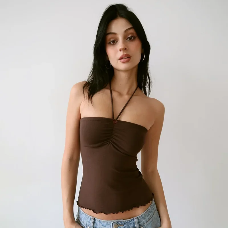 Top de una pieza informal corto con dobladillo enrollado para mujer, moda de verano, top bandeau de color liso, top sexy con cuello de encaje y sin mangas.