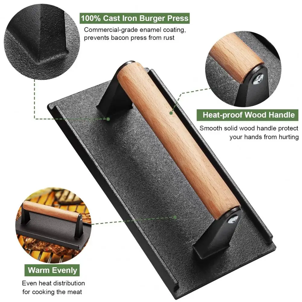 

Удобный сверхмощный пресс для мяса премиум-класса с антипригарной деревянной ручкой для сковородок, гамбургеров, бекона, стейков
