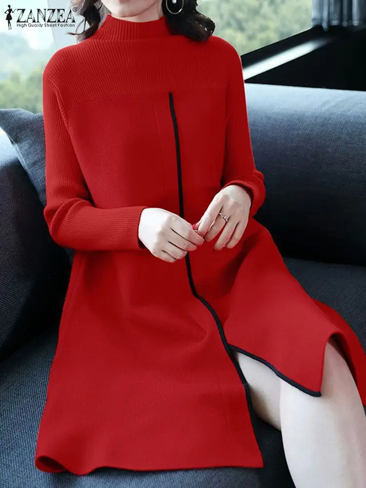 

Vintage Stand Collar Dresses ZANZEA Women Knitted Knee-length Vestidos Fashion Long Sleeve Dress Stitching Colorblock Line Robes