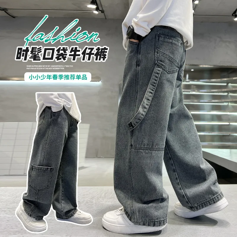 Teenage Boys Cargo Jeans Spring Autumn New Kids Wide Leg Denim Pants for Children Loose Pockets Trousers - Image 5