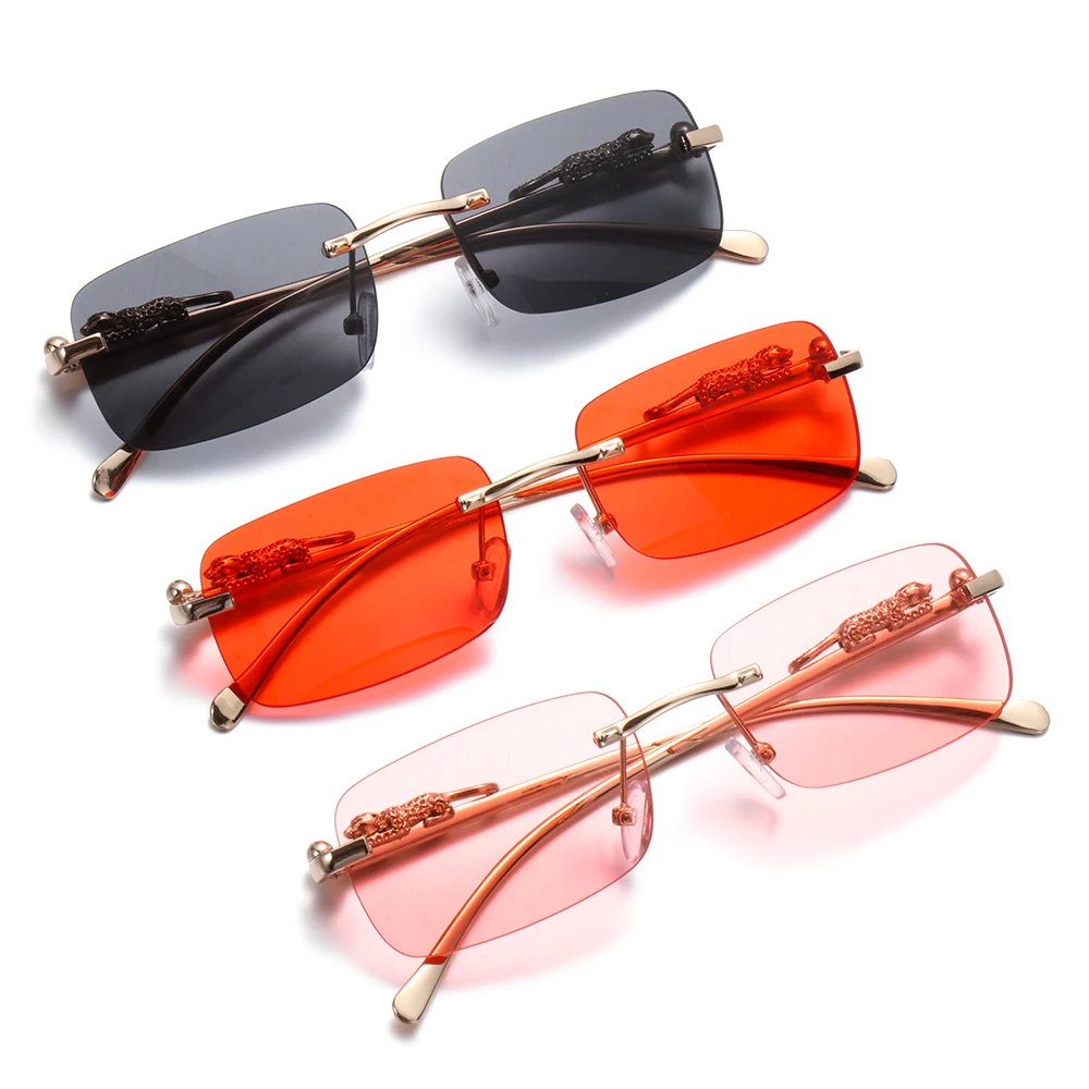 

Women Men Eyewear UV400 Cheetah Decoration Rimless Rectangle Sunglasses Shades Ocean Lens Sun Glasses