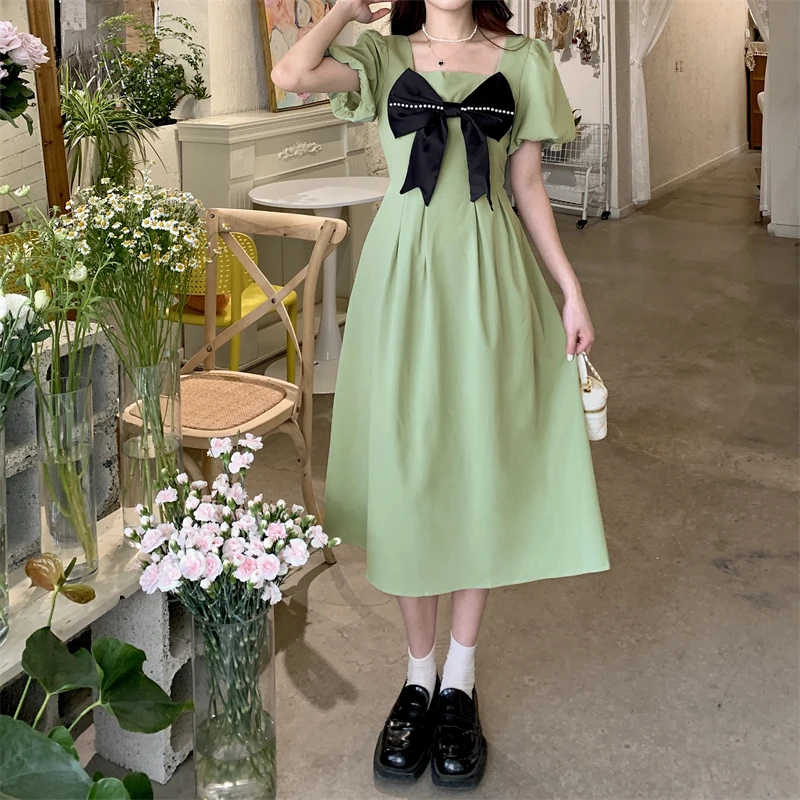 Green Maternity Summer Long Dress Plus Size Pregnant Woman Puff Sleeve Ruffle Patchwork Bowknot Pregnancy