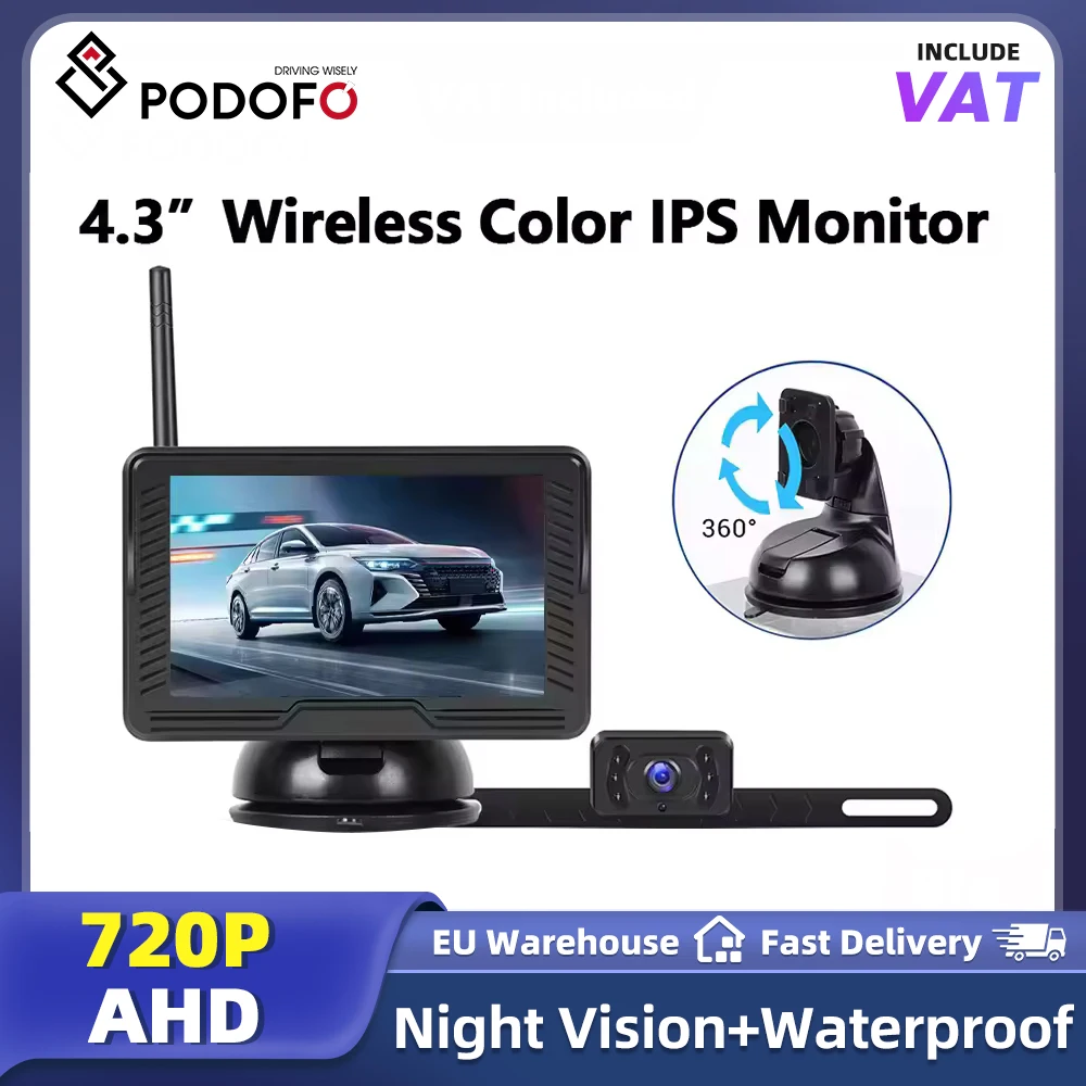 Monitor de coche Podofo de 4.3 pulgadas con pantalla LCD IPS, cámara de respaldo inalámbrica, cámara de reversa antiinterferencias, largo alcance, IP69 a prueba de agua 1